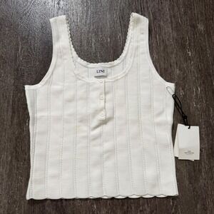 LINI Darlene Pointelle Knit Tank Top White Henley Scalloped Trim Medium Heavy